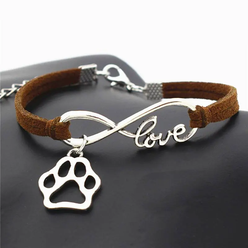 Leather Bracelet Infinite Love Paw Charms Pendant Bengal Cats Brown Leather Bracelet Infinite Love Paw Charms Pendant